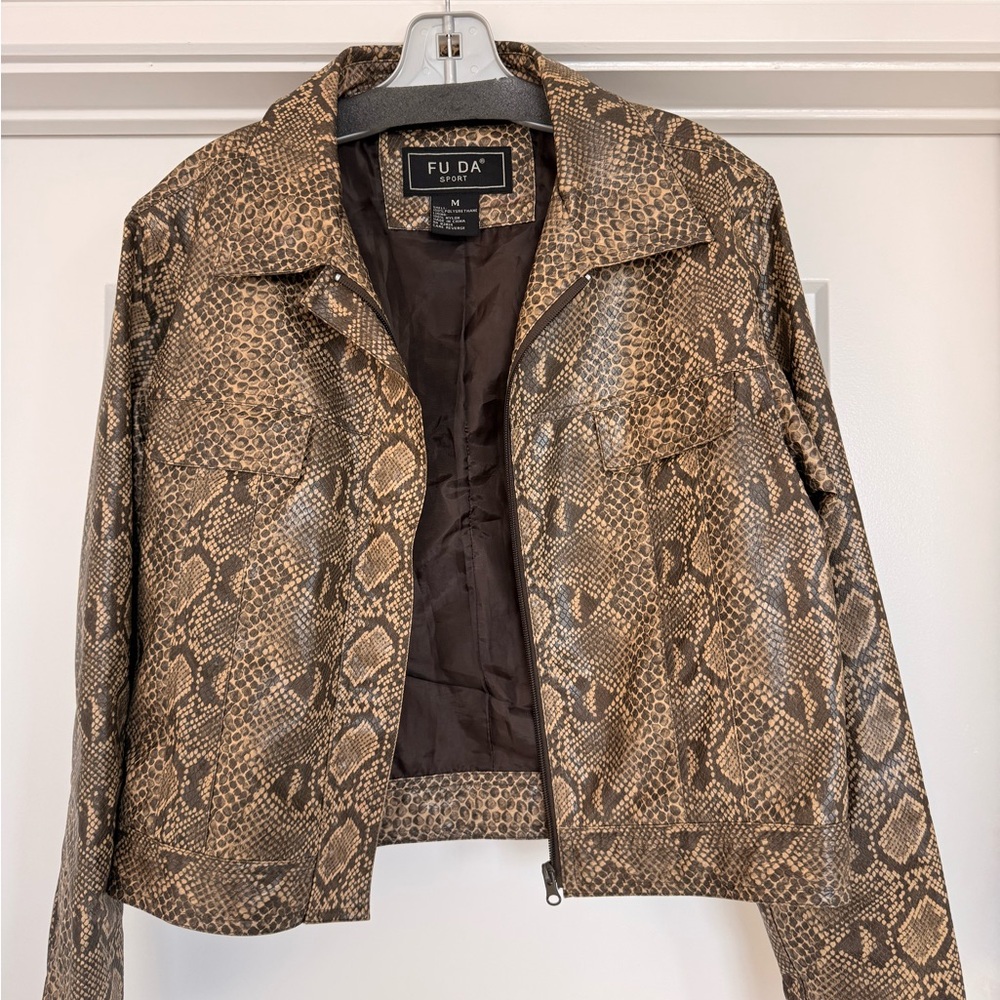 Fuda Women's Brown Snake Print Leather Jacket